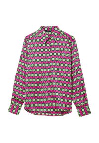 Camicia a maniche lunghe in un tessuto liscio, caratterizzata da un audace motivo geometrico in rosa, verde e blu, con colletto alla francese e bottoni frontali.