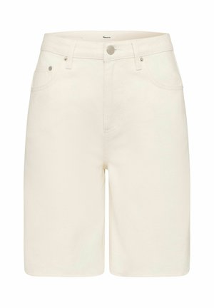 Off-white knælange denimshorts med forreste knap, lynlås, bæltestropper og to forlommer med metalnitter.