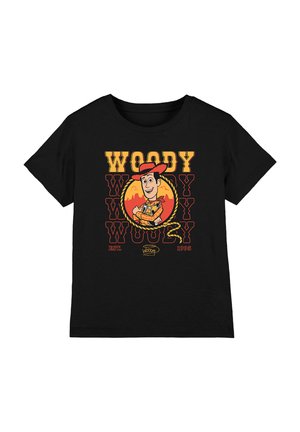 Black t-shirt featuring Woody from Toy Story wearing a red hat and yellow plaid shirt, with "WOODY" text and lasso rope design.