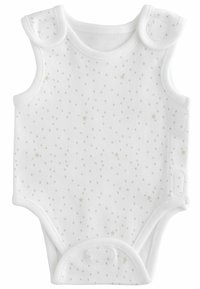 Hvid ærmeløs bodystocking lavet af blødt stof, med lyse grå prikker og små gyldne stjerne mønstre. Trykknaplukninger på skuldrene.