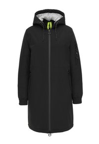 Zwarte parka jas met een capuchon, voorrits, ritszakken aan de zijkanten en elastische manchetten; heeft een lichtgrijze voering en neon groene accenten.
