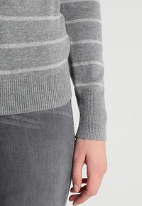 Grauer Pullover mit weißen Streifen, aus weichem Strickmaterial gefertigt. Verfügt über gerippte Ärmelbündchen und Bund, getragen über grauen Hosen.