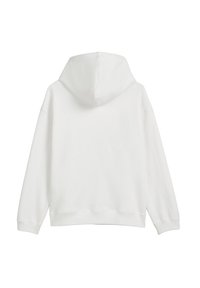 Biała bluza z kapturem, miękka tkanina, luźny krój, posiada długie rękawy, ściągacze na mankietach i u dołu. Widok od tyłu pokazuje kaptur i gładką fakturę.