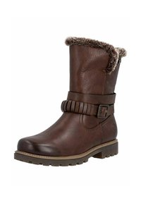 Braune Leder-Ankle-Boots mit Kunstfellfutter an der Manschette, einem dekorativen Schnallenriemen und einer strukturierten Gummi-Außensohle.