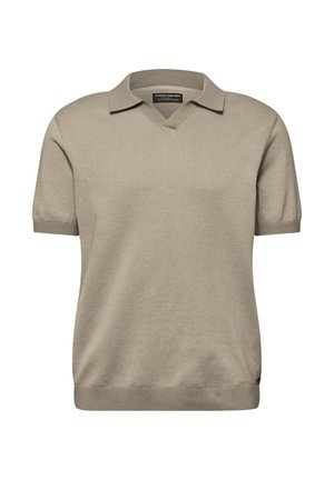 Polo da uomo beige a maniche corte in maglia con tessuto strutturato, collo a V e polsini e orlo a coste.