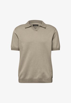 Polo en maille beige pour homme à manches courtes, tissu texturé, col en V et poignets et ourlet côtelés.