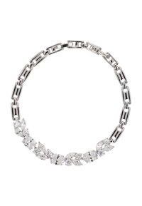 Collana in argento con catenina decorata da cristalli trasparenti a forma ovale e a foglia con finitura lucida. Chiusura a fermaglio per una vestibilità sicura.