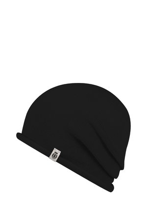 Black beanie hat made of ribbed fabric, featuring a rolled cuff and a small brand label on the side. Soft texture with a slouchy shape.