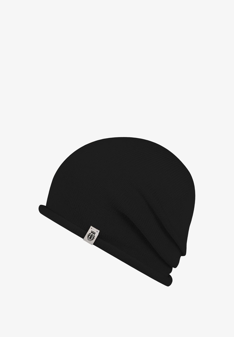 Black beanie hat made of ribbed fabric, featuring a rolled cuff and a small brand label on the side. Soft texture with a slouchy shape.