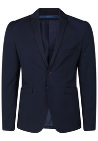 Marinblå kavaj i slätt tyg, med en knappstängning, snittkragar och en bröstficka. Enfärgad design utan mönster.