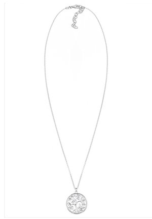 Silberne Anhängerkette mit einem runden Anhänger, der ein Baumdesign zeigt. Die Kette ist zart und weist ein poliertes Finish sowie einen Verschluss auf.