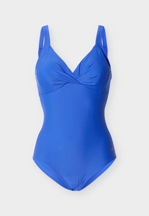 Sinine üheosaline ujumistrikoo keeratud eest detaili ja reguleeritavate õlarihmadega heledal ühevärvilisel taustal.