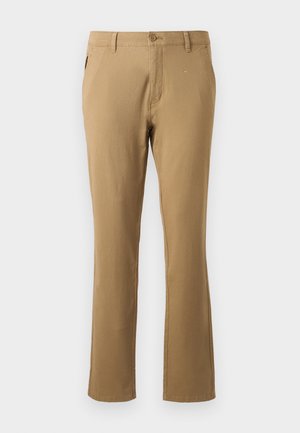 Beige chinos med lige ben design, lavet af bomuld, med en enkelt frontknaplukning og sidelommer. Glat tekstur.