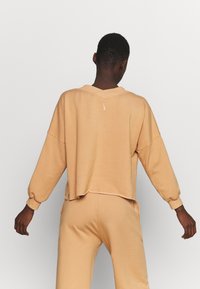 Sudadera de corte relajado en color melocotón, con mangas largas, puños acanalados, escote en V y un dobladillo recortado. Presenta un pequeño logo en la parte posterior.