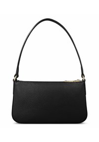 Borsa nera in pelle con una texture a granuli, forma rettangolare sottile, un'unica tracolla e una zip dorata nella parte superiore.