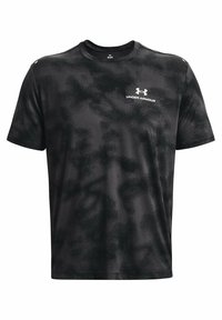 Black Under Armour short-sleeve athletic shirt with subtle camouflage pattern and white logo on the upper left chest.