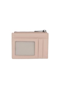 Porte-cartes en cuir rose avec une fenêtre transparente pour carte d'identité, deux emplacements pour cartes et un compartiment zippé sur le dessus pour les pièces ou petits objets.