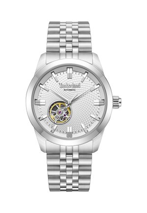 Sidabrinis Timberland automatinis rankinis laikrodis su tekstūruotu ciferblatu, matomu mechanizmu ties 7 valandomis, sidabriniais valandų žymekliais ir nerūdijančio plieno apyranke su segmentais.