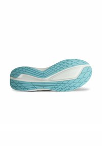 Semelle de chaussure présentant un design en caoutchouc texturé bleu clair avec une semelle intermédiaire blanche et un motif de semelle en zigzag pour une meilleure adhérence.