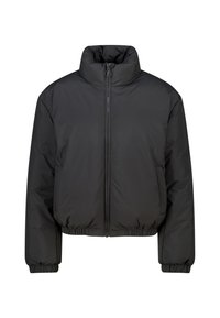 Giacca a vento nera con collo alto, zip frontale e polsini elasticizzati. Design corto e cropped con una texture liscia e senza decorazioni visibili.