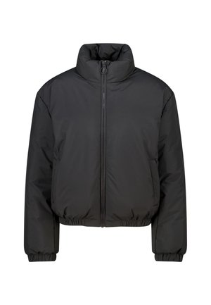 Schwarze Pufferjacke mit hohem Kragen, frontalem Reißverschluss und elastischen Bündchen. Kurzes, tailliertes Design mit glatter Textur und ohne sichtbare Verzierungen.