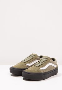 Paire de baskets basses vert olive avec des bandes blanches sur les côtés et des semelles épaisses noires sur une surface blanche.