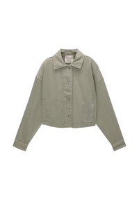 Afgekorte jas in gedempte groene kleur, met een spitse kraag, frontale drukknoopsluiting, twee zijzakken en stikseldetails op de mouwen.