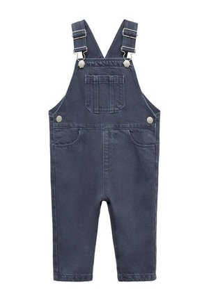 Granatowe, dżinsowe ogrodniczki dla niemowląt z regulowanymi ramiączkami na ramiona, przednią kieszonką na piersi, bocznymi guzikami i dwoma przednimi bocznymi kieszeniami.