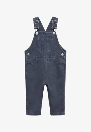 Granatowe, dżinsowe ogrodniczki dla niemowląt z regulowanymi ramiączkami na ramiona, przednią kieszonką na piersi, bocznymi guzikami i dwoma przednimi bocznymi kieszeniami.