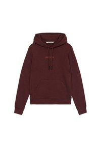 Burgundzka bluza z kapturem wykonana z miękkiej tkaniny, z przednią kieszenią, regulowanym kapturem na sznurki i subtelnym logo "Trussardi" w jaśniejszym pomarańczowym kolorze.