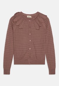 Cardigan tricoté rose poussiéreux avec un motif ajouré, des détails en forme de coquille au niveau du col et des boutons sur le devant. Manches longues avec des poignets côtelés.