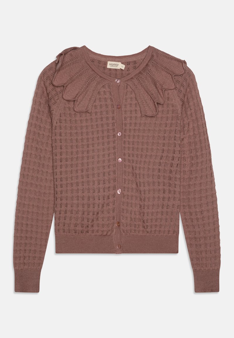 Cardigan tricoté rose poussiéreux avec un motif ajouré, des détails en forme de coquille au niveau du col et des boutons sur le devant. Manches longues avec des poignets côtelés.