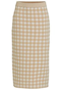 Falda lápiz a rayas en beige y blanco con forma ajustada y cintura elástica, hecha de una tela suave y texturizada.