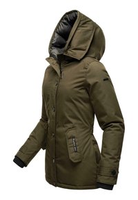 Olive green winter jacket with a detachable hood, zippered front, button closure, and dual side pockets. Features black elastic cuffs.