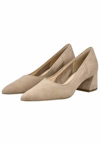 Pompes en daim beige à bout pointu, talon carré bas et lignes épurées. La texture est lisse et uniforme, sans motifs visibles.