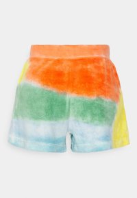 Cotton terry shorts featuring a gradient tie-dye pattern with orange, green, yellow, and blue sections. Elastic waistband, casual fit.