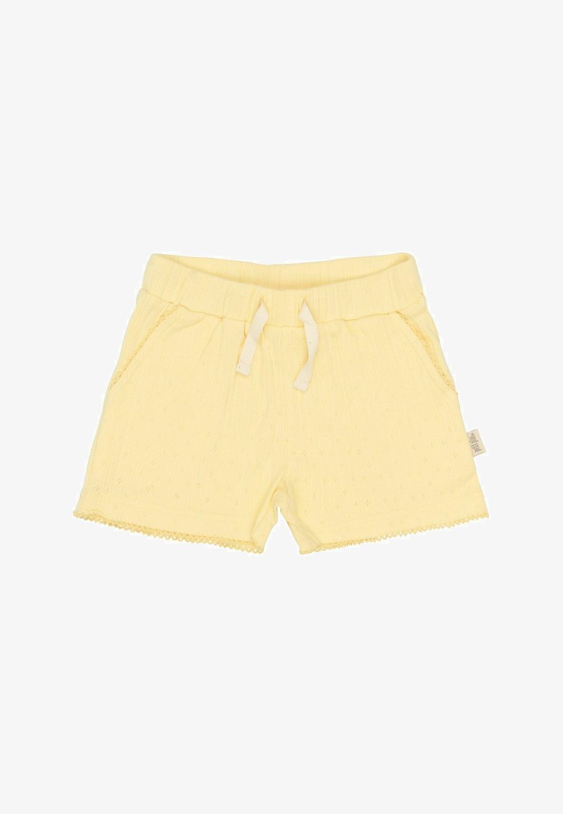 Shorts en coton jaune clair avec un tissu texturé, dotés d'une taille élastique, d'un cordon de serrage, de poches latérales et d'un ourlet festonné.