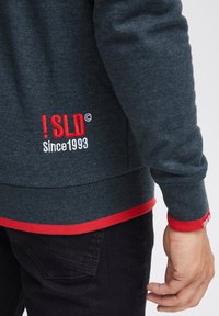 Dunkelgraues Sweatshirt mit roten Akzenten am Saum und an den Bündchen. Verziert mit gesticktem Text "! SLD Since 1993" an der Unterseite. Weicher Stoff.