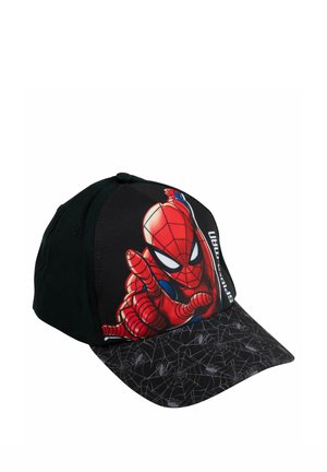 Black cap featuring Spider-Man illustration shooting web with web and spider pattern on the curved brim and "Spider-Man" text on side.