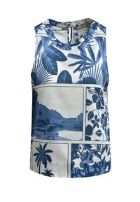 Ärmelloses Oberteil in Weiß mit blauem tropischen Druck. Enthält Blatt- und Blumenmuster, runden Halsausschnitt und einen kleinen Rückenausschnitt. Glatte Textur.