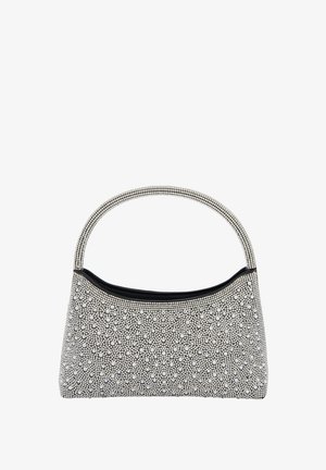 Czarna i biała torebka z fakturowanym wzorem, zdobiona okrągłymi elementami, z zaokrąglonym uchwytem i zamknięciem na zamek u góry.