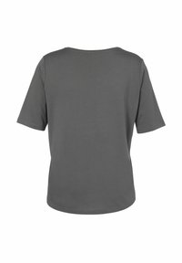 Graues Baumwoll-T-Shirt mit Rundhalsausschnitt, kurzen Ärmeln und lockerer Passform. Glatte Textur und keine sichtbaren Muster oder Beschläge.