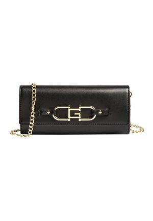 Black leather clutch purse with gold chain strap and gold interlocking buckle detail on the front flap.