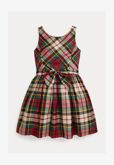 Καρό φόρεμα με στρογγυλή λαιμόκοψη, χωρίς μανίκια και ζώνη στη μέση. Διαθέτει καρό σχέδια σε κόκκινες, πράσινες, κίτρινες και κρέμ αποχρώσεις.