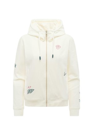 Cremefarvet lynlåstrøje med hætte, snore og lille havtema broderi med skaller og fugle foran og på ærmerne.