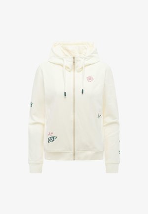 Cream zip-up hoodie with a hood, drawstrings, and small sea-themed embroidery including shells and birds on front and sleeves.