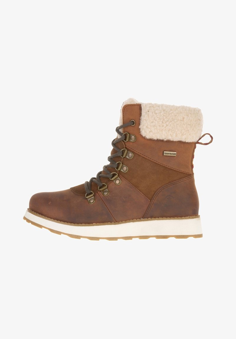 Bottines en cuir marron avec un col en fourrure beige, fermeture à lacets à l'avant, œillets en métal et semelle en caoutchouc blanc. Matériau résistant à l'eau.