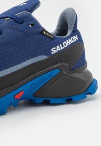 Une chaussure de course bleue et grise avec une tige texturée, une étiquette GORE-TEX et une semelle noire et bleue dotée de motifs de traction distincts.