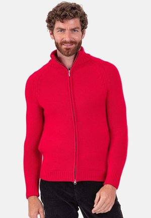 Red knitted zip-up sweater with a high collar, ribbed cuffs, and detailed shoulder pattern. Worn with black pants.
