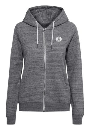 Siva zip-up dukserica izrađena od teksturiranog materijala, s kapuljačom, bijelim vezicama i kružnim logotipom na prsima.